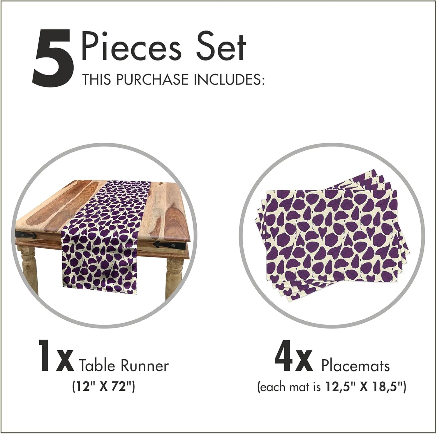 Ambesonne Nature Table Runner & Placemats, Dark Toned Leaves Essence of Growth in Forest Woods Botanical Spring Branches, Set for Dining Table Decor, Placemat 4 pcs   Runner 12"x72", Purple and Cream