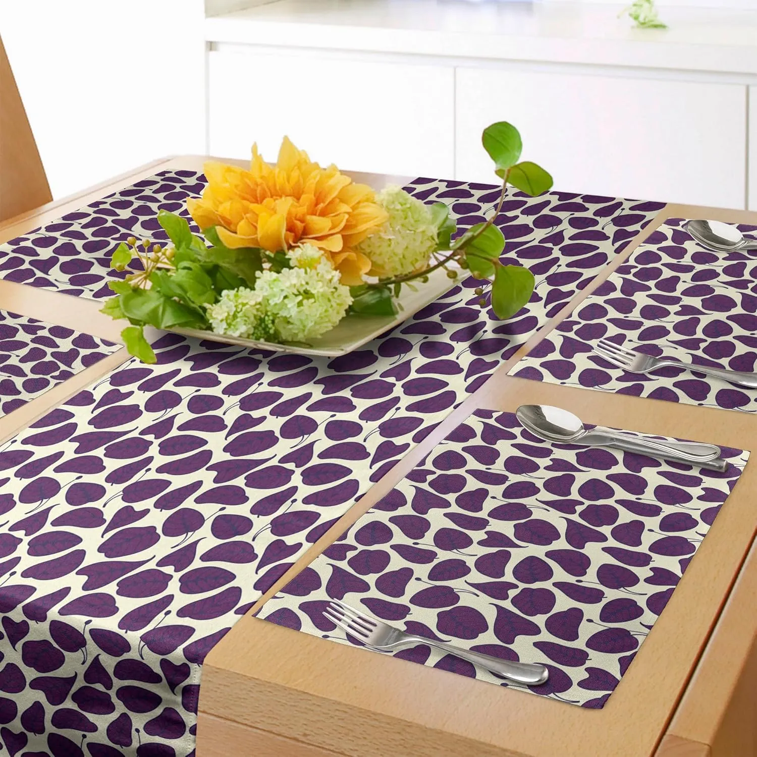 Ambesonne Nature Table Runner & Placemats, Dark Toned Leaves Essence of Growth in Forest Woods Botanical Spring Branches, Set for Dining Table Decor, Placemat 4 pcs   Runner 12"x72", Purple and Cream