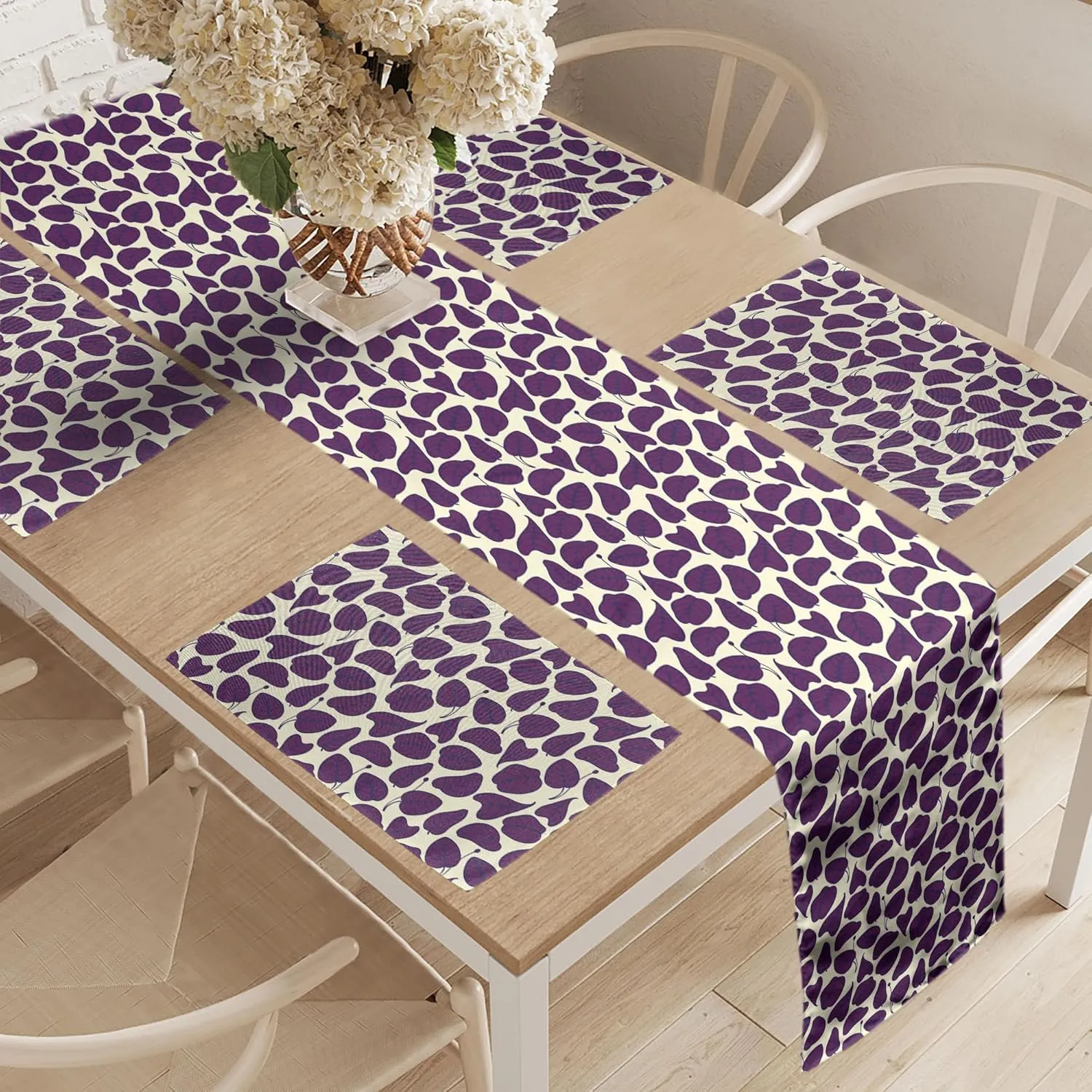 Ambesonne Nature Table Runner & Placemats, Dark Toned Leaves Essence of Growth in Forest Woods Botanical Spring Branches, Set for Dining Table Decor, Placemat 4 pcs   Runner 12"x72", Purple and Cream