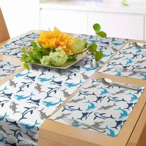 Ambesonne Shark Table Runner & Placemats, Retro Style Different Abstract Silhouettes of Dangerous High Seas, Set for Dining Table Decor, Placemat 4 pcs   Runner 16"x72", Blue Navy Blue Grey