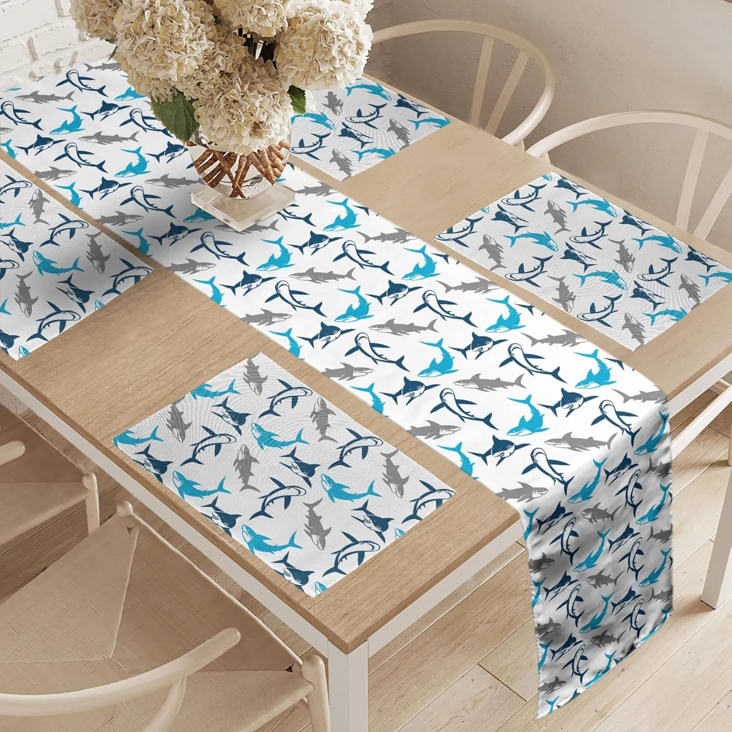 Ambesonne Shark Table Runner & Placemats, Retro Style Different Abstract Silhouettes of Dangerous High Seas, Set for Dining Table Decor, Placemat 4 pcs   Runner 16"x72", Blue Navy Blue Grey