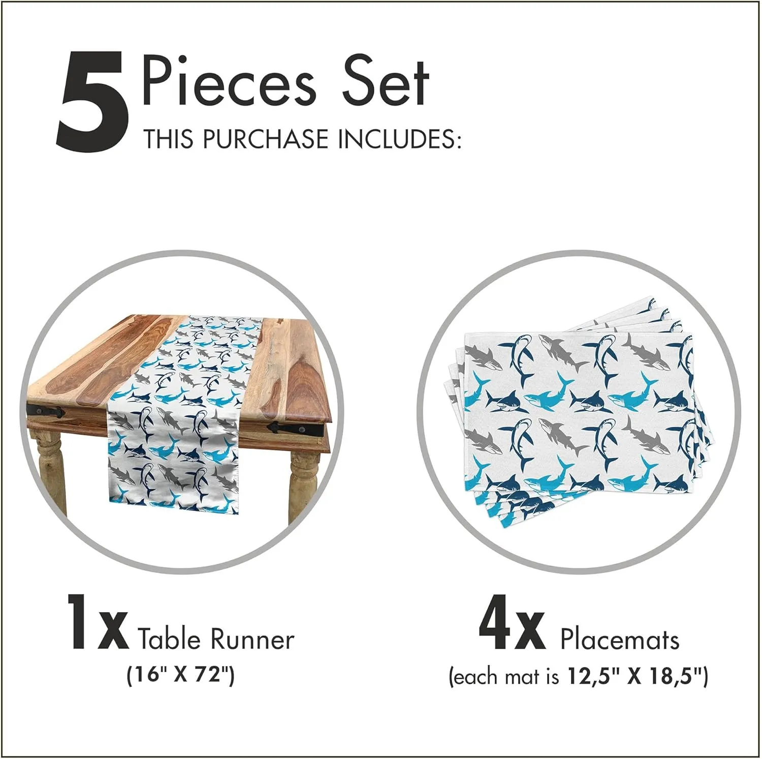 Ambesonne Shark Table Runner & Placemats, Retro Style Different Abstract Silhouettes of Dangerous High Seas, Set for Dining Table Decor, Placemat 4 pcs   Runner 16"x72", Blue Navy Blue Grey