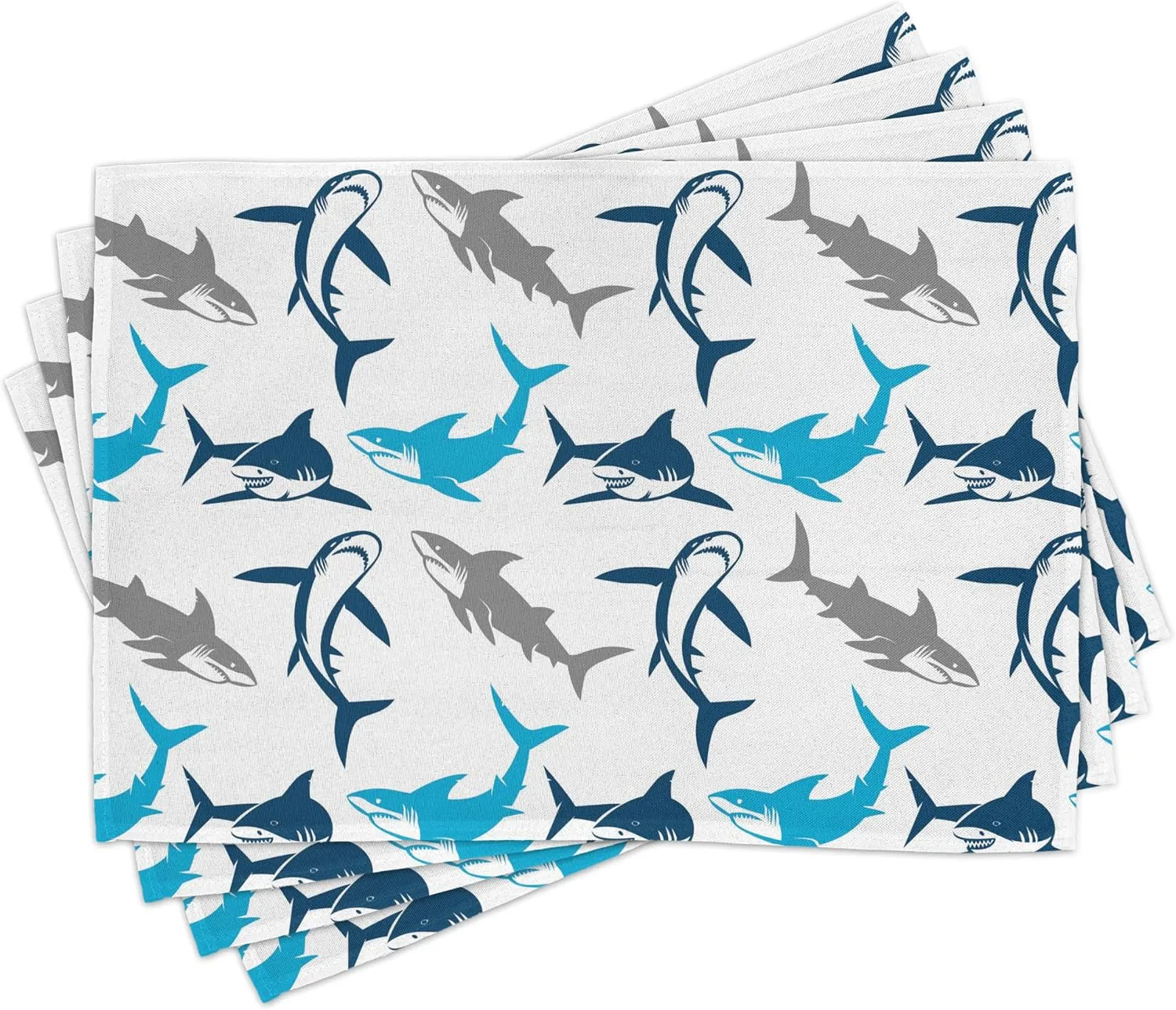 Ambesonne Shark Table Runner & Placemats, Retro Style Different Abstract Silhouettes of Dangerous High Seas, Set for Dining Table Decor, Placemat 4 pcs   Runner 16"x72", Blue Navy Blue Grey