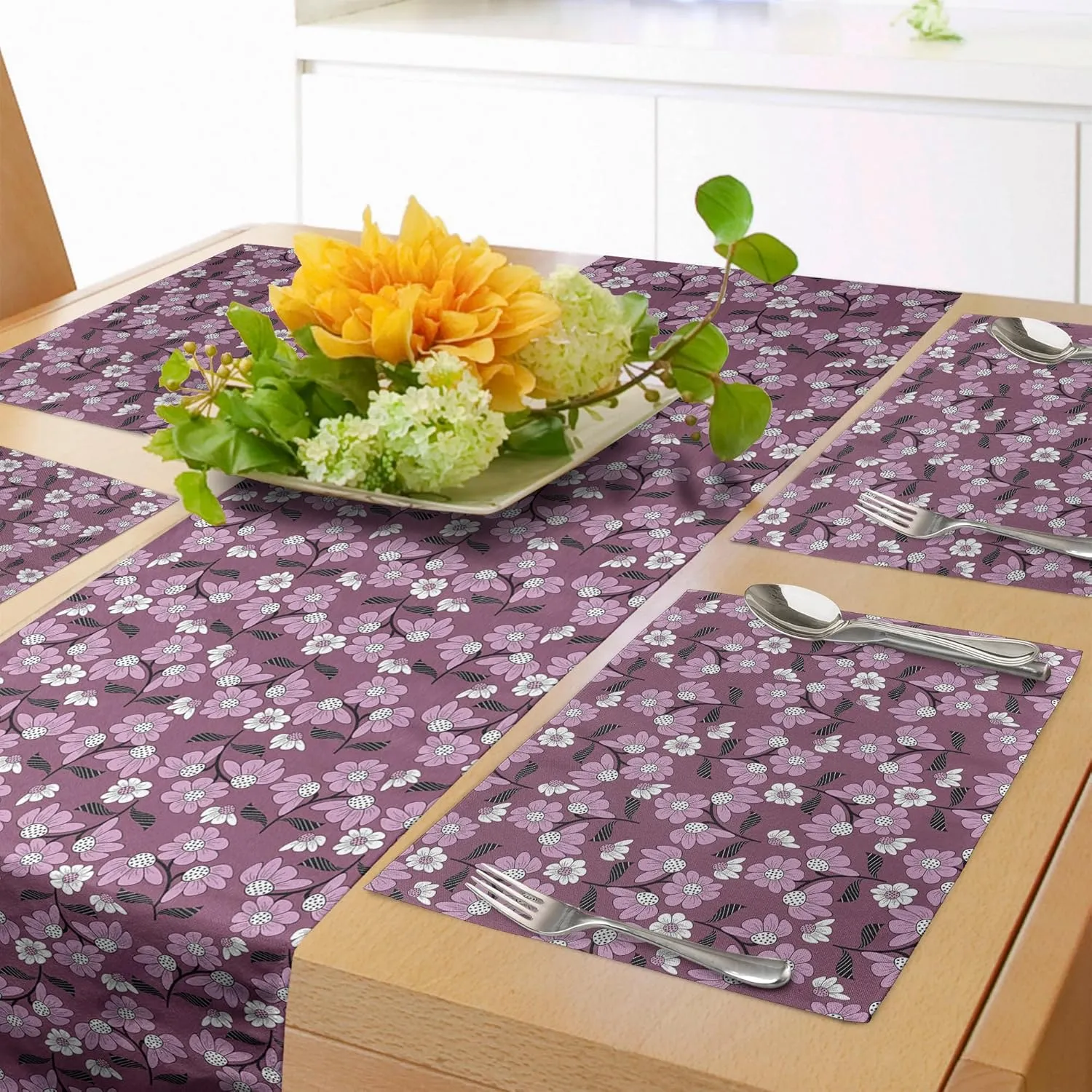 Ambesonne Spring Table Runner & Placemats, Lilac Toned Flowers and Striped Leaves Repetitive Garden Themed Art, Set for Dining Table Decor, Placemat 4 pcs   Runner 14"x90", Mauve Taupe Black and White