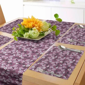 Ambesonne Spring Table Runner & Placemats, Lilac Toned Flowers and Striped Leaves Repetitive Garden Themed Art, Set for Dining Table Decor, Placemat 4 pcs   Runner 14"x90", Mauve Taupe Black and White