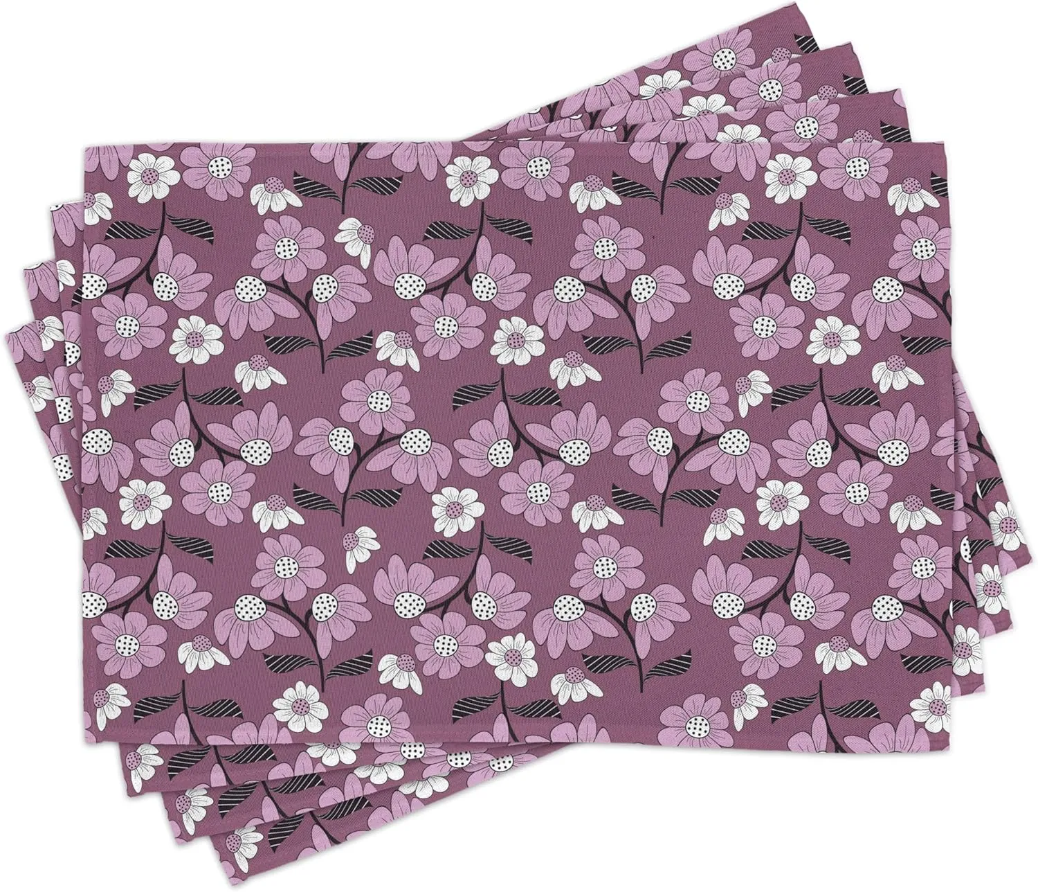 Ambesonne Spring Table Runner & Placemats, Lilac Toned Flowers and Striped Leaves Repetitive Garden Themed Art, Set for Dining Table Decor, Placemat 4 pcs   Runner 14"x90", Mauve Taupe Black and White