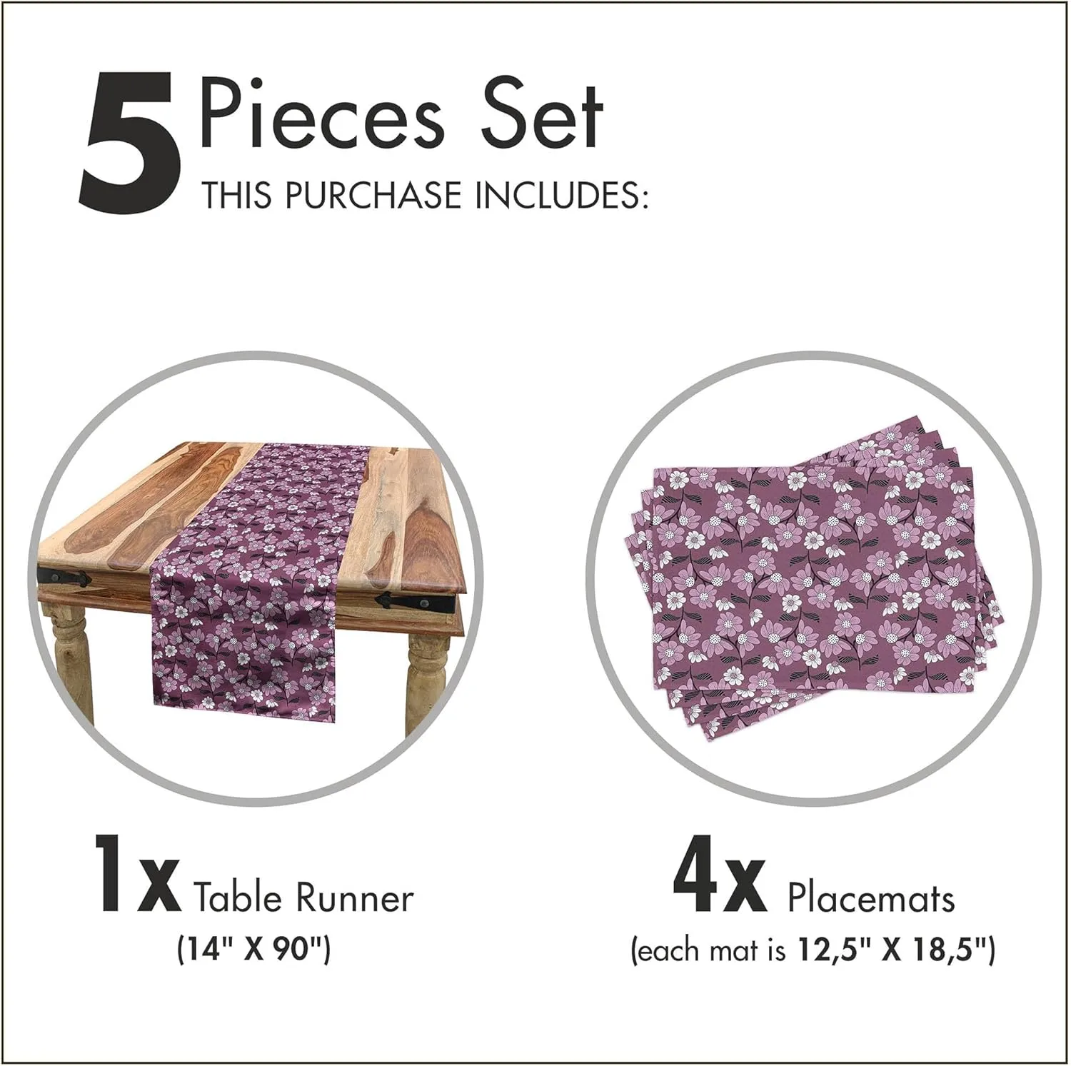 Ambesonne Spring Table Runner & Placemats, Lilac Toned Flowers and Striped Leaves Repetitive Garden Themed Art, Set for Dining Table Decor, Placemat 4 pcs   Runner 14"x90", Mauve Taupe Black and White
