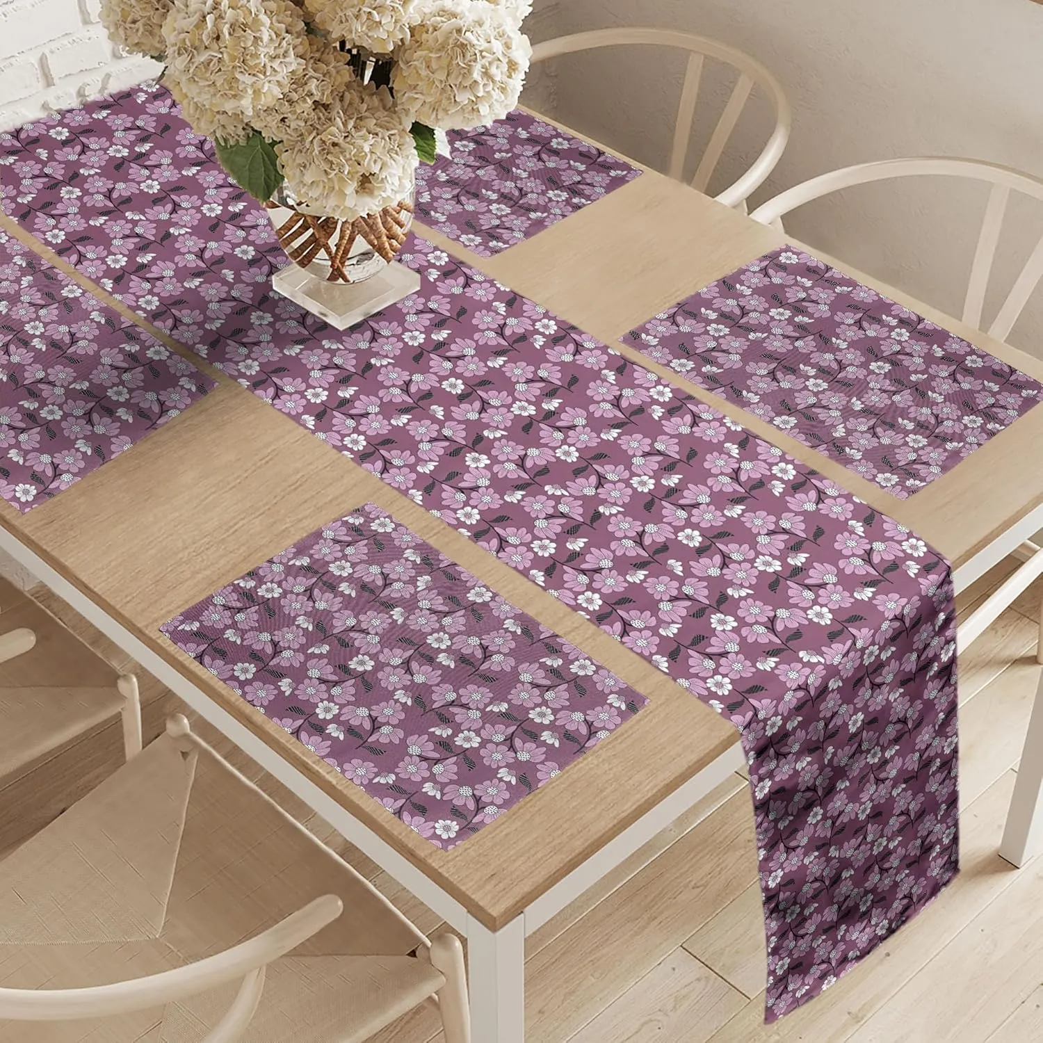 Ambesonne Spring Table Runner & Placemats, Lilac Toned Flowers and Striped Leaves Repetitive Garden Themed Art, Set for Dining Table Decor, Placemat 4 pcs   Runner 14"x90", Mauve Taupe Black and White