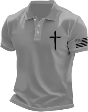 American Flag Polo Shirt for Men Christian Cross Distressted Patriotic Golf T-Shirts 4th of July USA Flags Tee Tops