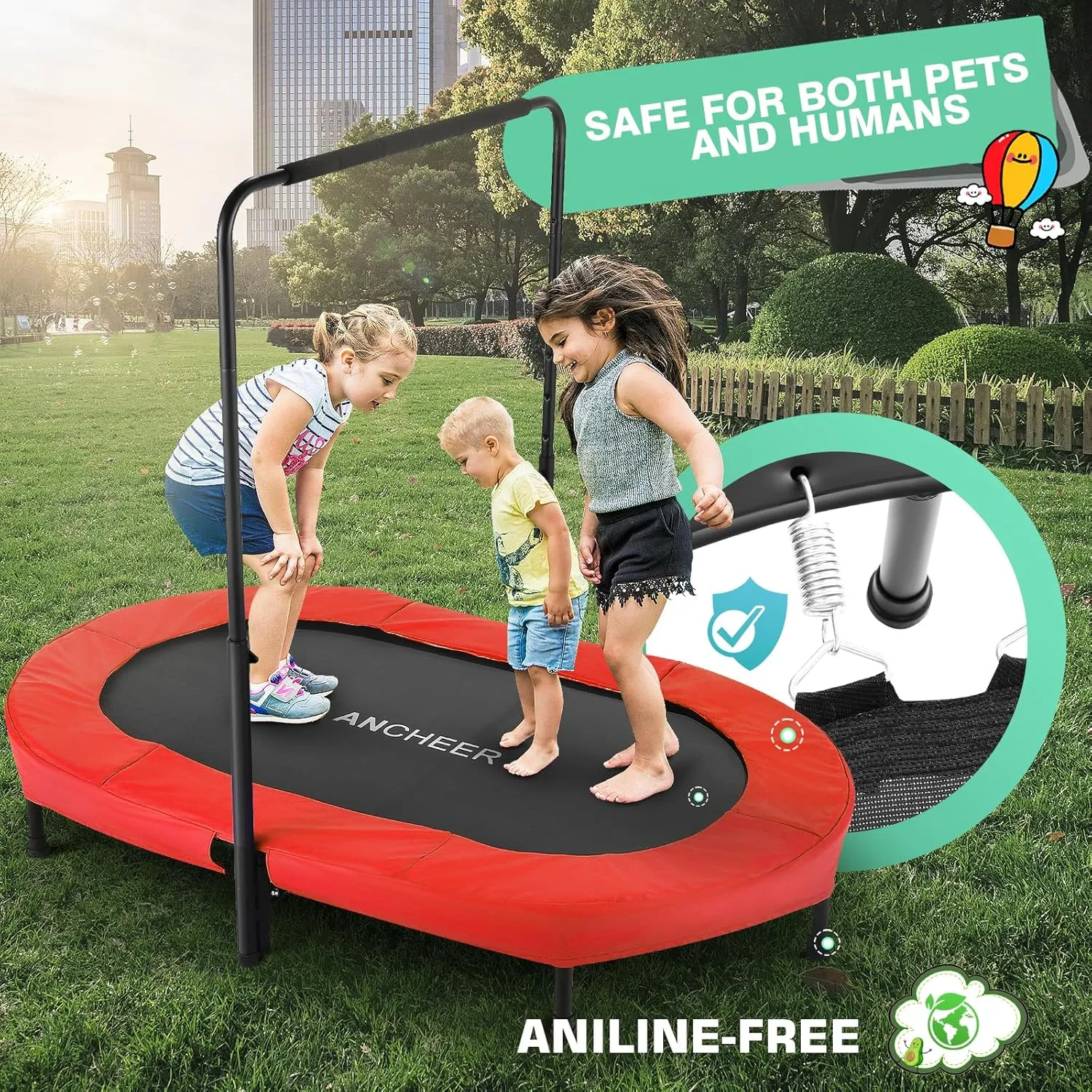 ANCHEER 56" Double Kids Trampoline with Adjustable Handlebar, 220lbs Capacity - Indoor/Outdoor Foldable Jumper for 2  Users (ASTM Certified)