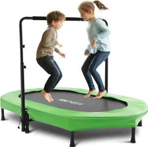 ANCHEER 56" Double Kids Trampoline with Adjustable Handlebar, 220lbs Capacity - Indoor/Outdoor Foldable Jumper for 2  Users (ASTM Certified)