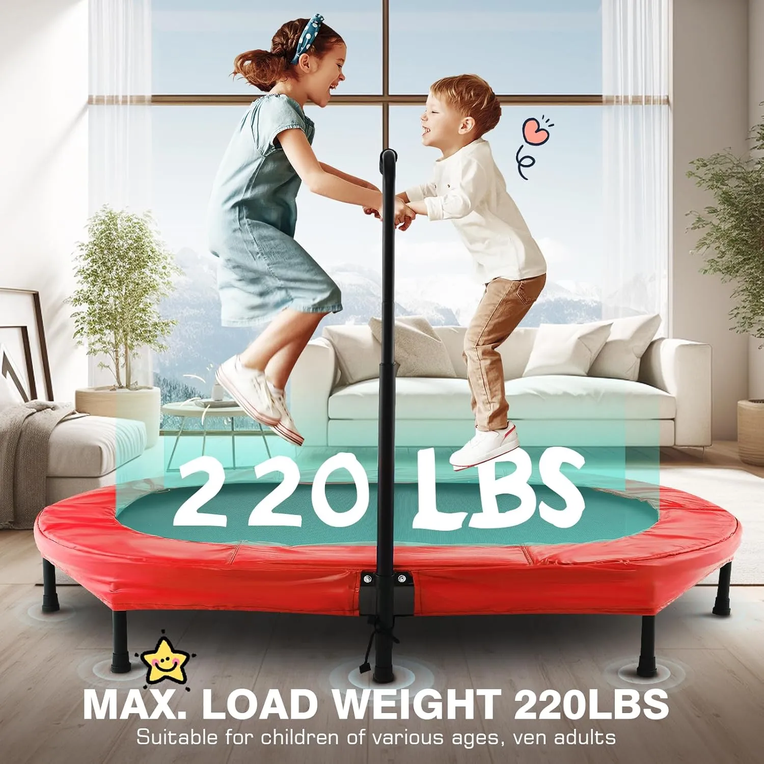 ANCHEER 56" Double Kids Trampoline with Adjustable Handlebar, 220lbs Capacity - Indoor/Outdoor Foldable Jumper for 2  Users (ASTM Certified)