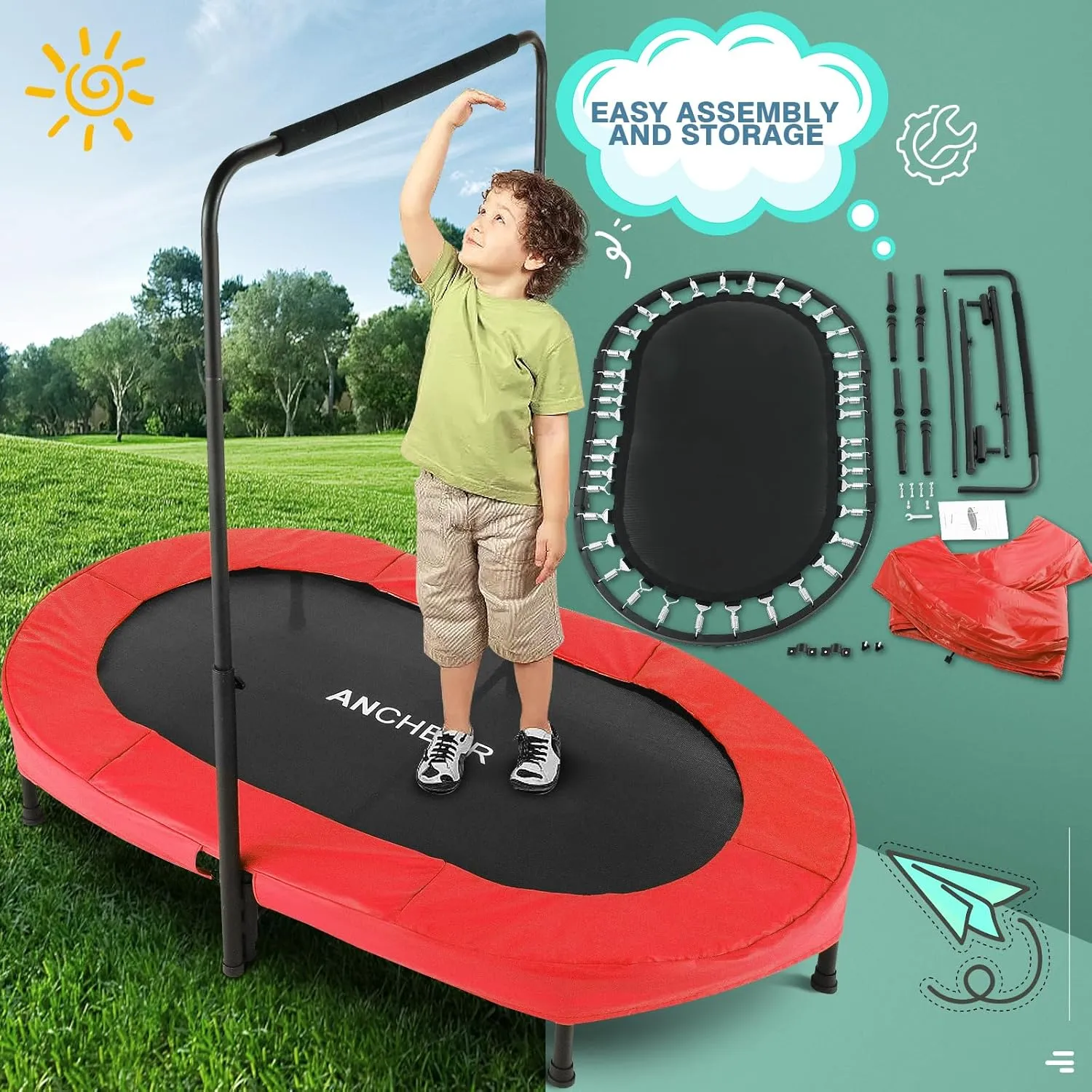 ANCHEER 56" Double Kids Trampoline with Adjustable Handlebar, 220lbs Capacity - Indoor/Outdoor Foldable Jumper for 2  Users (ASTM Certified)