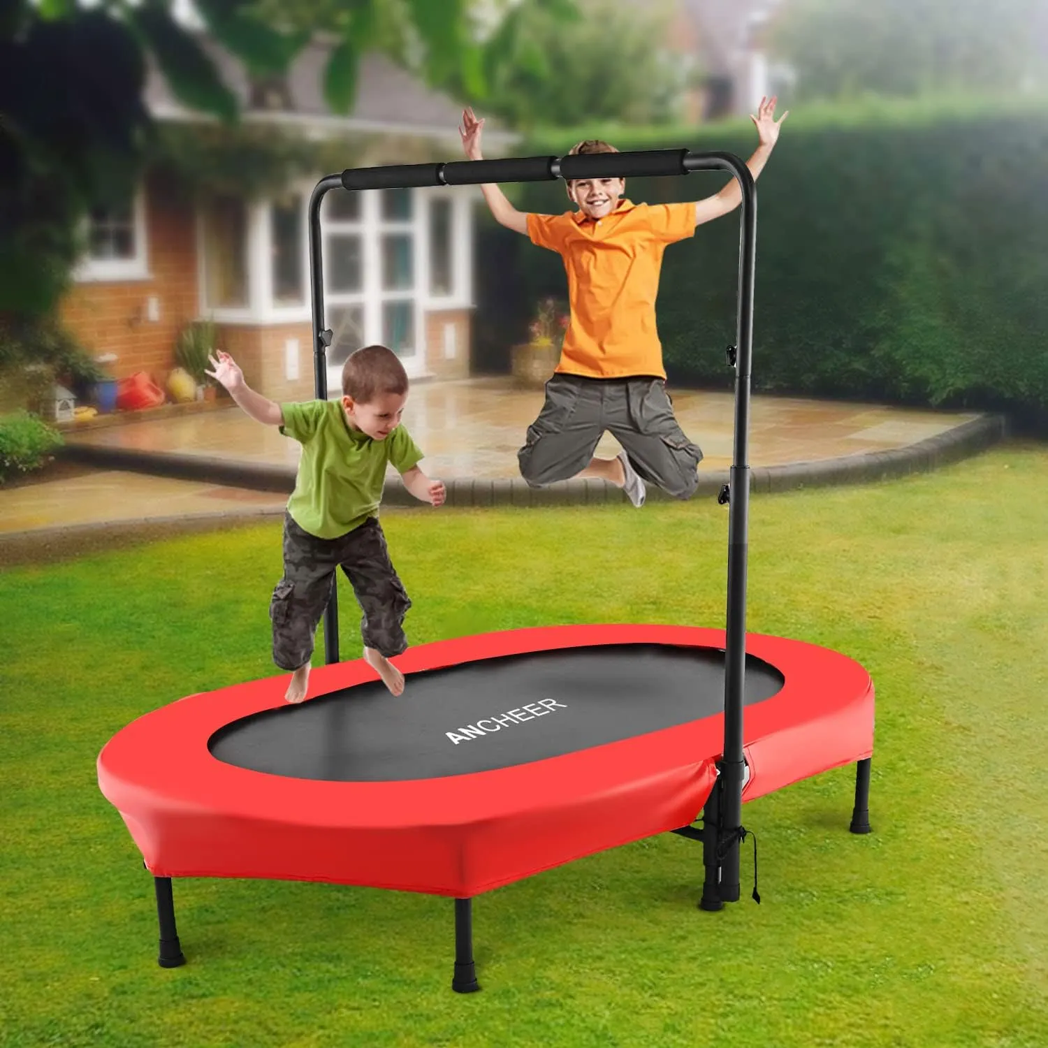 ANCHEER 56" Double Kids Trampoline with Adjustable Handlebar, 220lbs Capacity - Indoor/Outdoor Foldable Jumper for 2  Users (ASTM Certified)