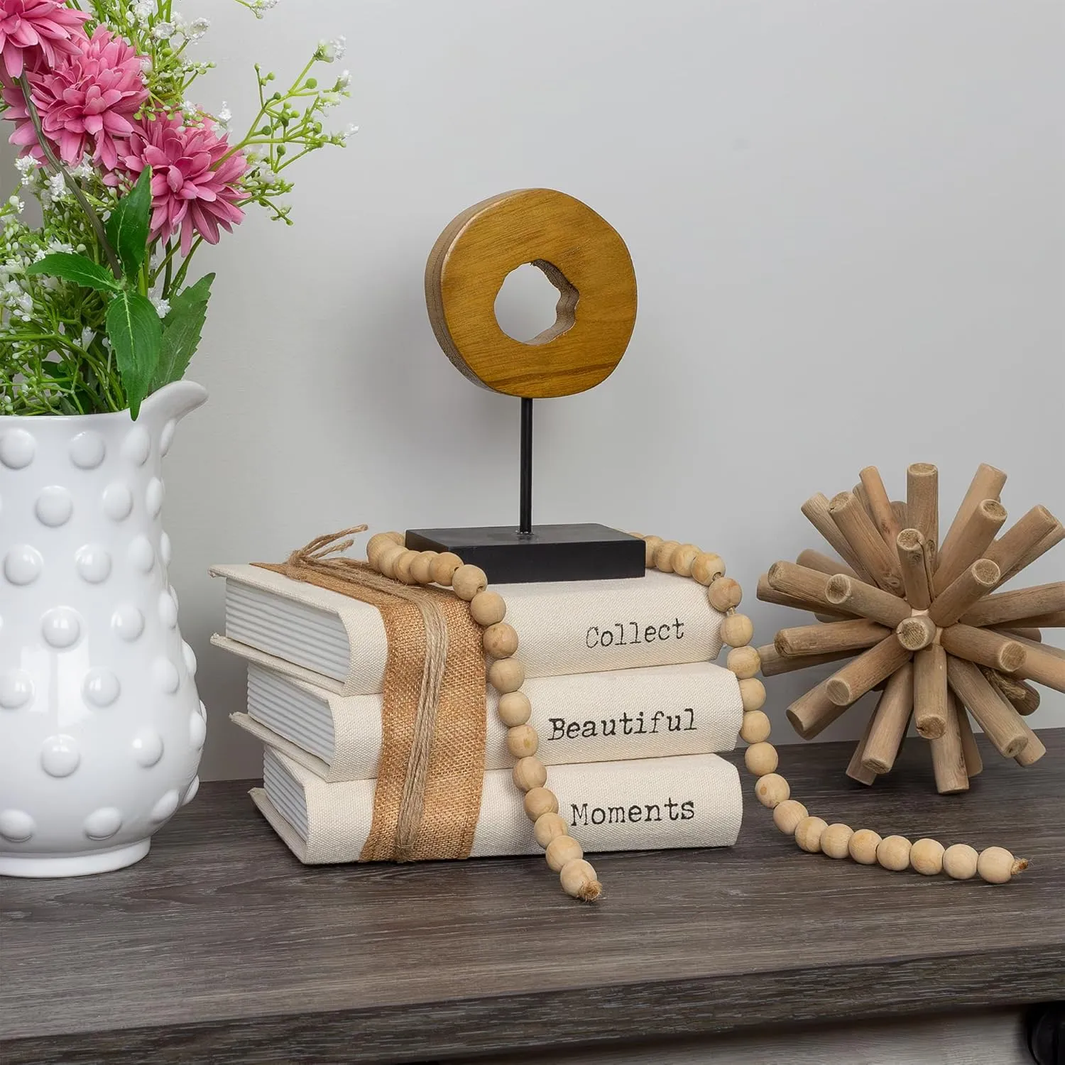 AuldHome Design Faux Book Stack: Collect Beautiful Moments Decorative Book Set w/Burlap Ribbon Wrap