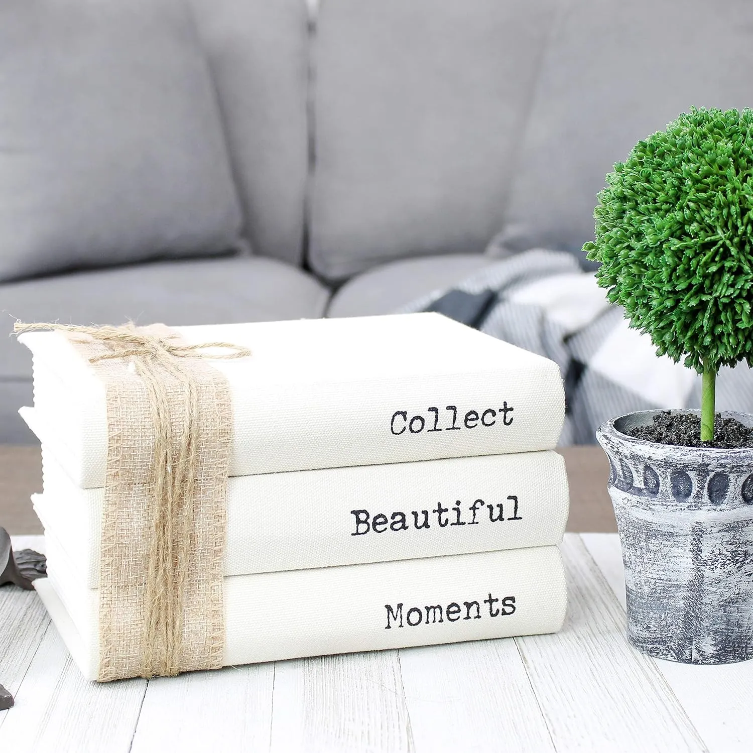 AuldHome Design Faux Book Stack: Collect Beautiful Moments Decorative Book Set w/Burlap Ribbon Wrap