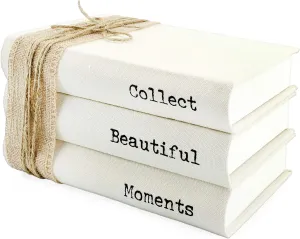 AuldHome Design Faux Book Stack: Collect Beautiful Moments Decorative Book Set w/Burlap Ribbon Wrap