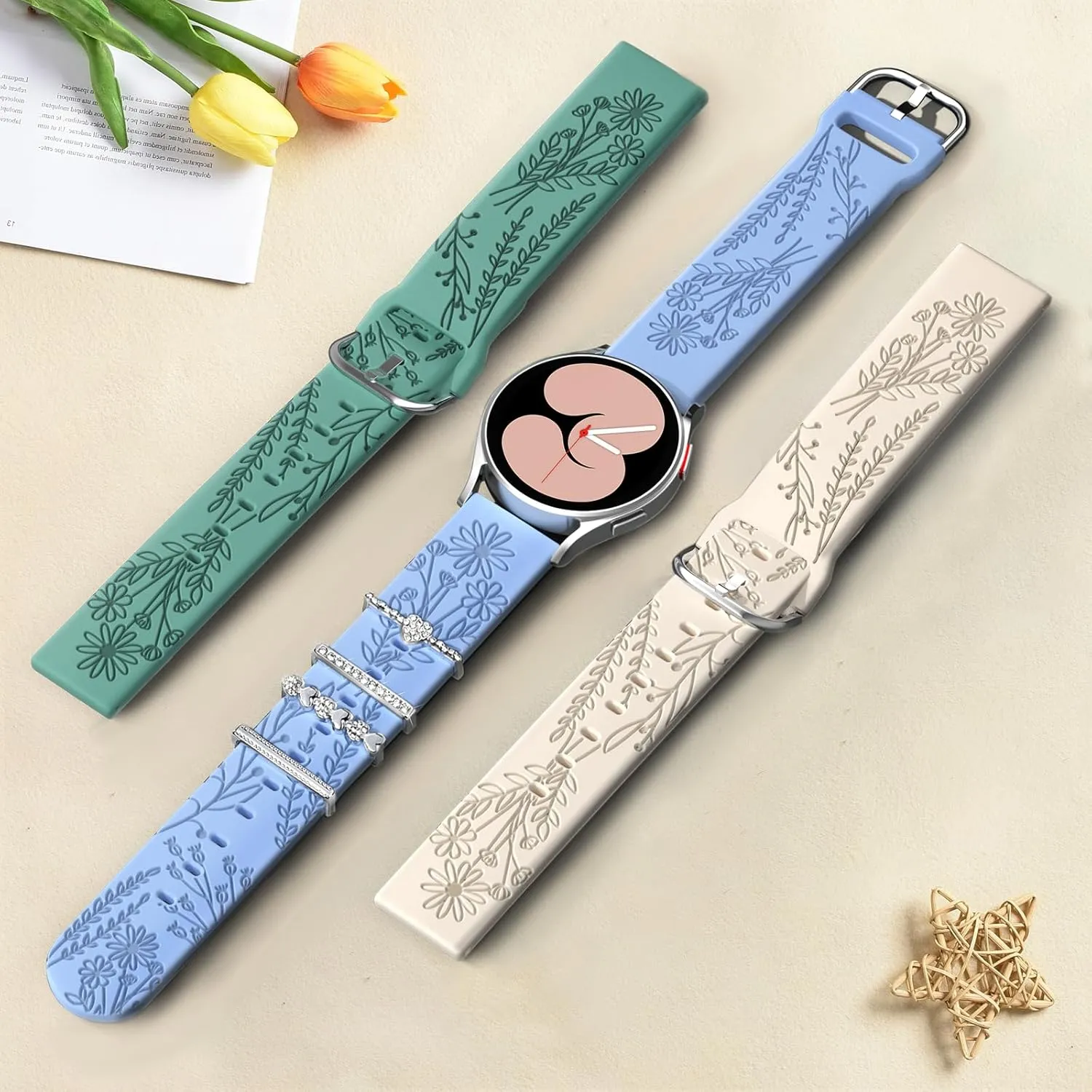 Bands for Samsung Galaxy Watch 7/6/5/4/FE Band 40mm 44mm with Charms, 20mm Women Flower Engraved Silicone Replacement Strap for Galaxy Watch 5 Pro/Watch 3/Galaxy Active 2/Watch 4 Classic