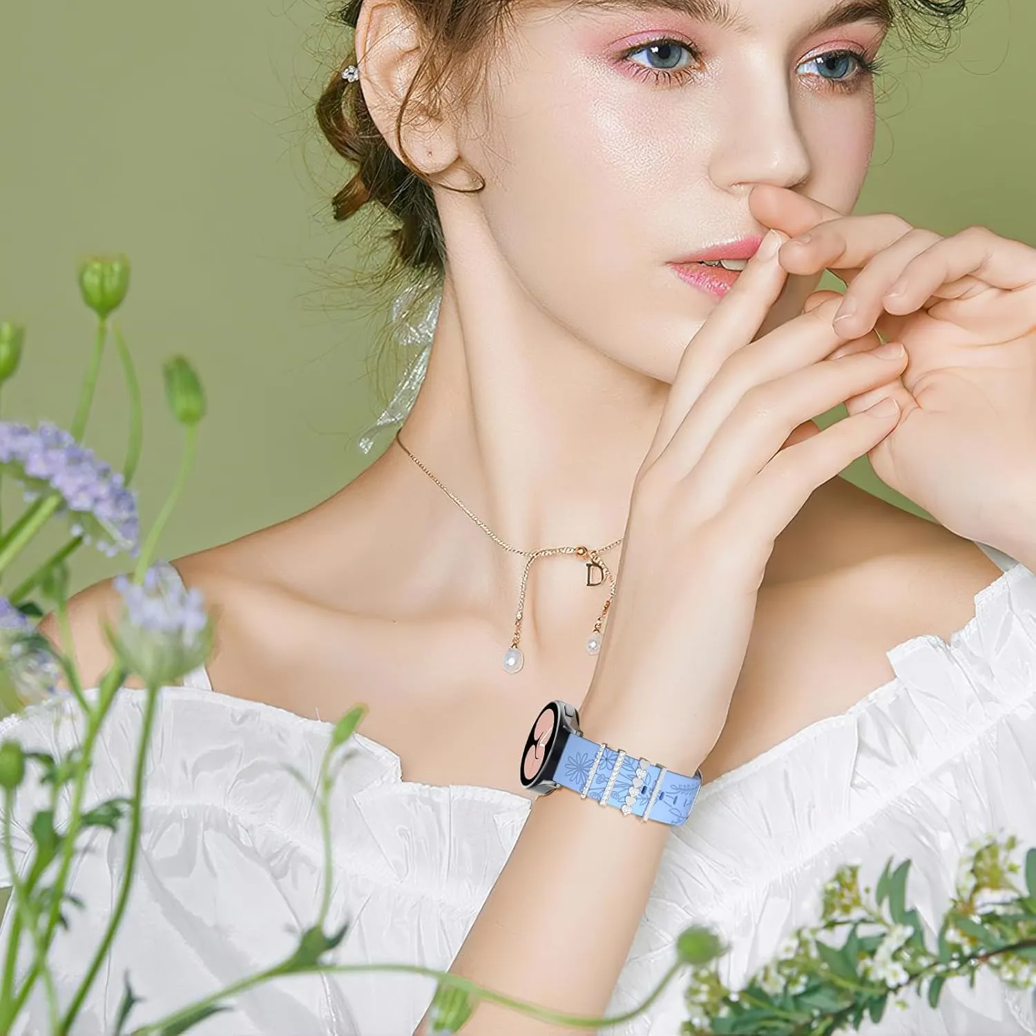 Bands for Samsung Galaxy Watch 7/6/5/4/FE Band 40mm 44mm with Charms, 20mm Women Flower Engraved Silicone Replacement Strap for Galaxy Watch 5 Pro/Watch 3/Galaxy Active 2/Watch 4 Classic
