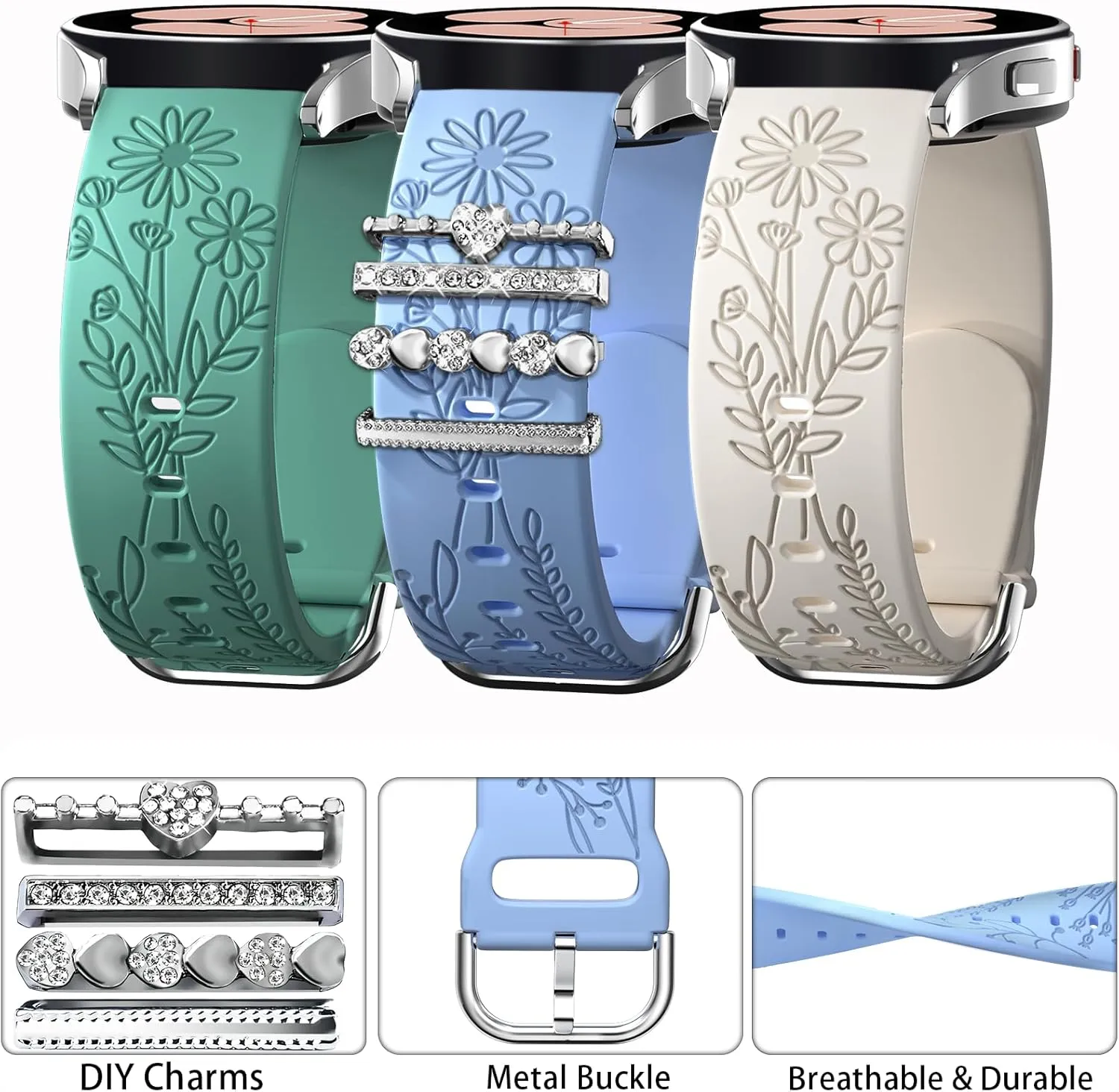 Bands for Samsung Galaxy Watch 7/6/5/4/FE Band 40mm 44mm with Charms, 20mm Women Flower Engraved Silicone Replacement Strap for Galaxy Watch 5 Pro/Watch 3/Galaxy Active 2/Watch 4 Classic
