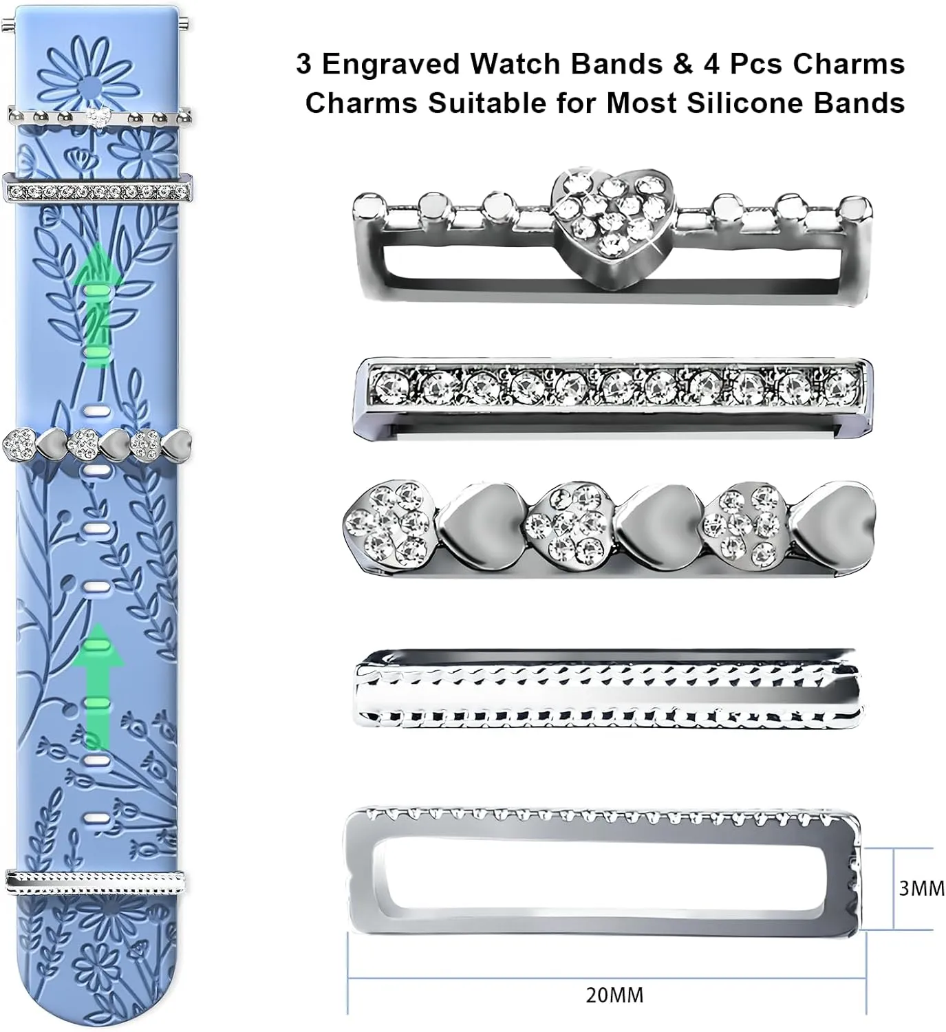 Bands for Samsung Galaxy Watch 7/6/5/4/FE Band 40mm 44mm with Charms, 20mm Women Flower Engraved Silicone Replacement Strap for Galaxy Watch 5 Pro/Watch 3/Galaxy Active 2/Watch 4 Classic