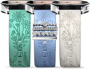Bands for Samsung Galaxy Watch 7/6/5/4/FE Band 40mm 44mm with Charms, 20mm Women Flower Engraved Silicone Replacement Strap for Galaxy Watch 5 Pro/Watch 3/Galaxy Active 2/Watch 4 Classic
