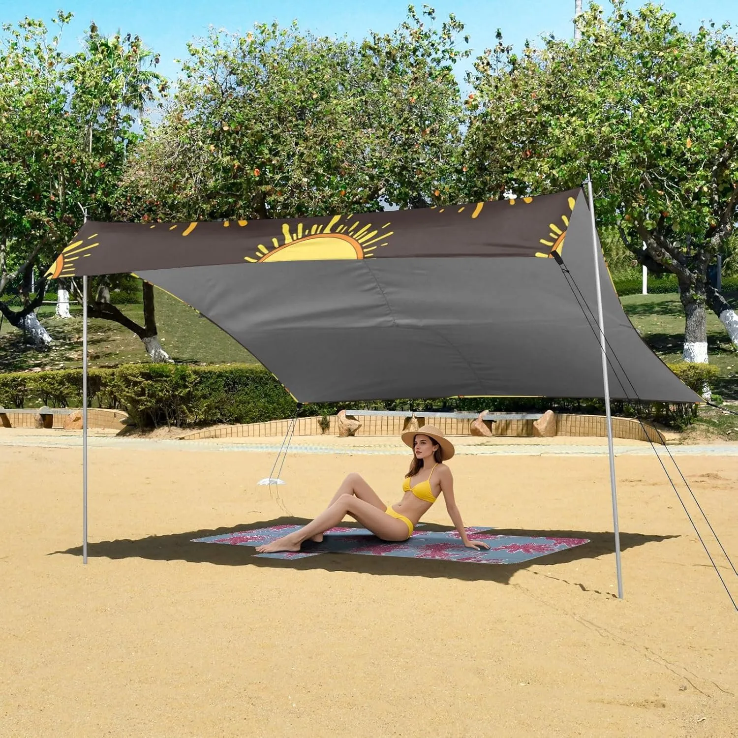 Beach Tent Canopy Outdoor Patio Sun Shade Large Camping Sun Shelter with Sand Anchor Poles Shelters 9.2 × 10.5 FT Bright Yellow Orange Sun Dark