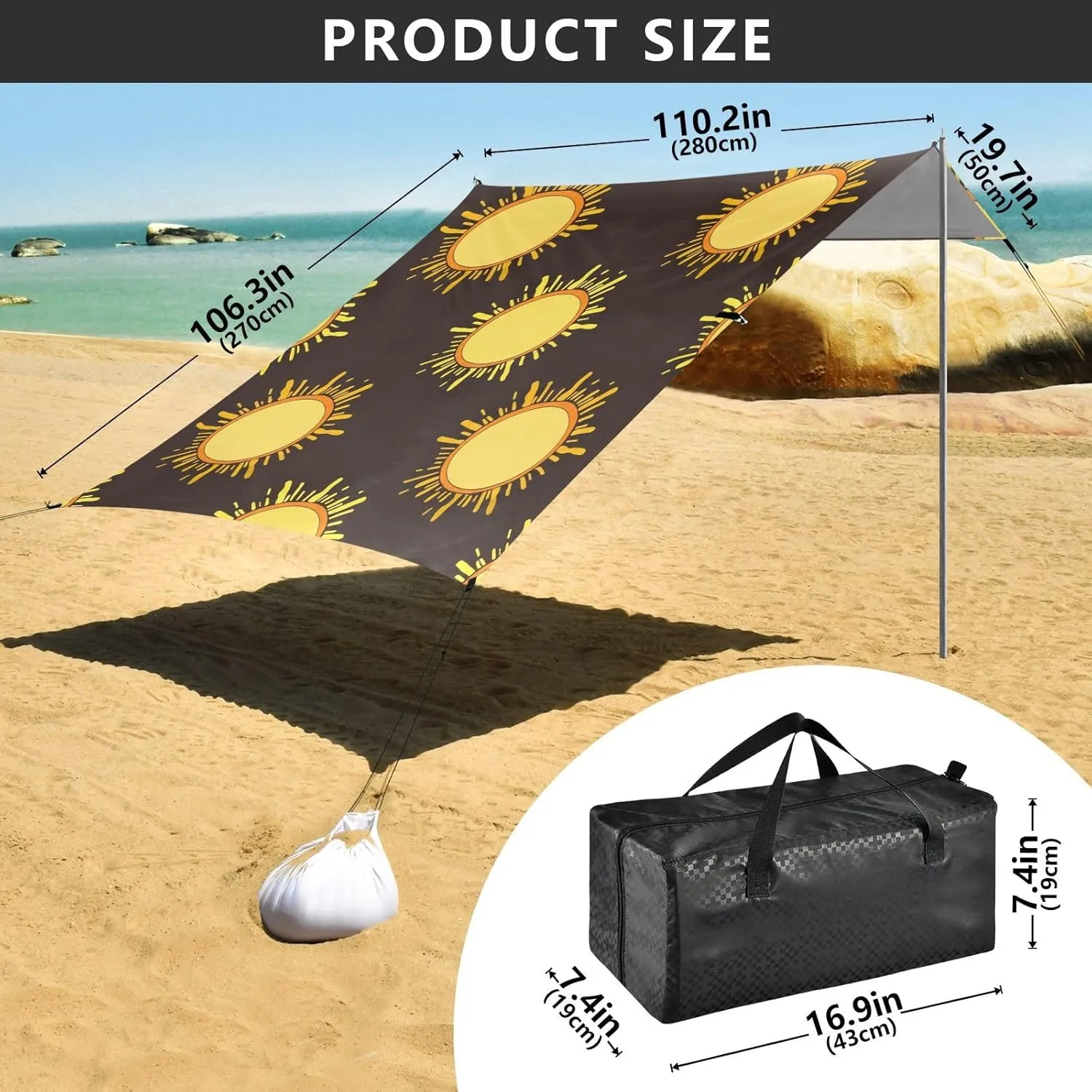 Beach Tent Canopy Outdoor Patio Sun Shade Large Camping Sun Shelter with Sand Anchor Poles Shelters 9.2 × 10.5 FT Bright Yellow Orange Sun Dark
