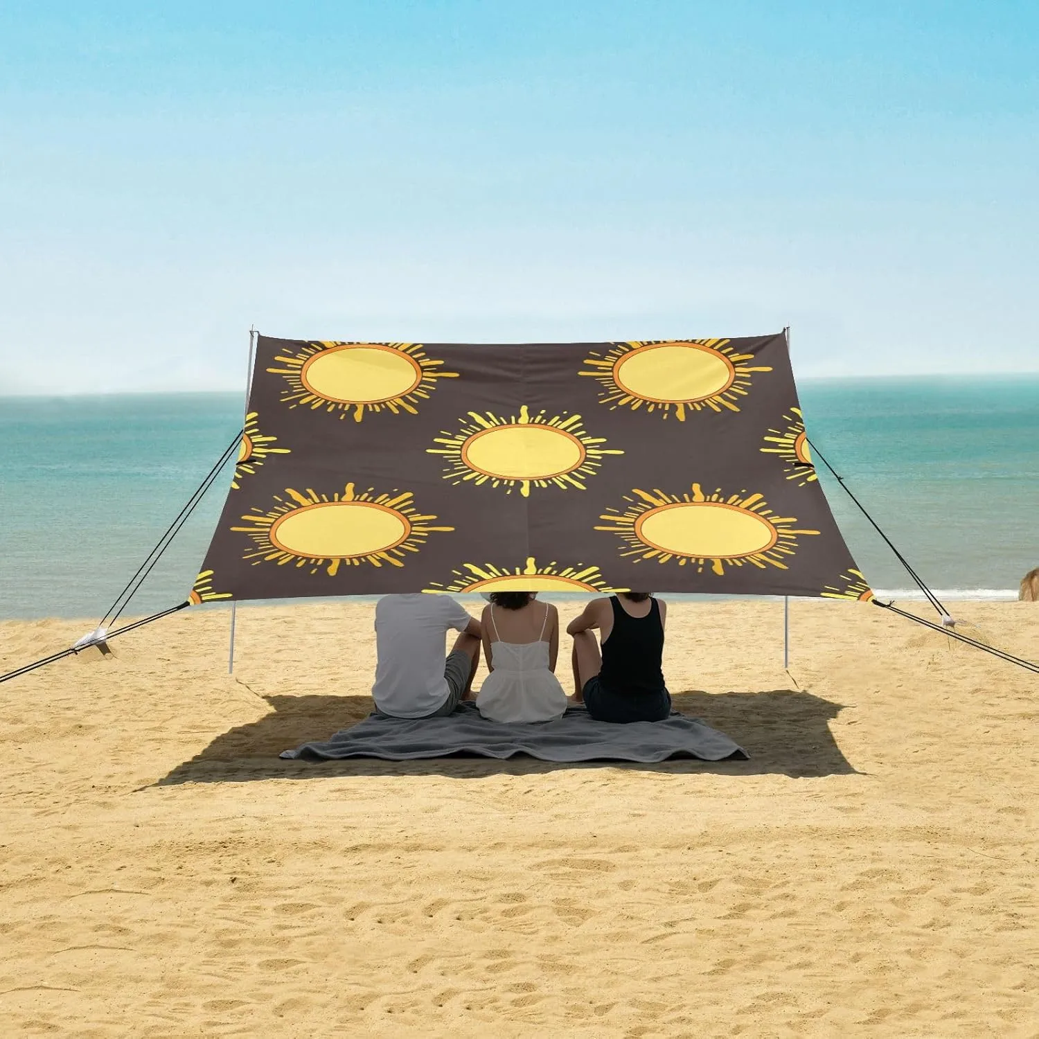 Beach Tent Canopy Outdoor Patio Sun Shade Large Camping Sun Shelter with Sand Anchor Poles Shelters 9.2 × 10.5 FT Bright Yellow Orange Sun Dark