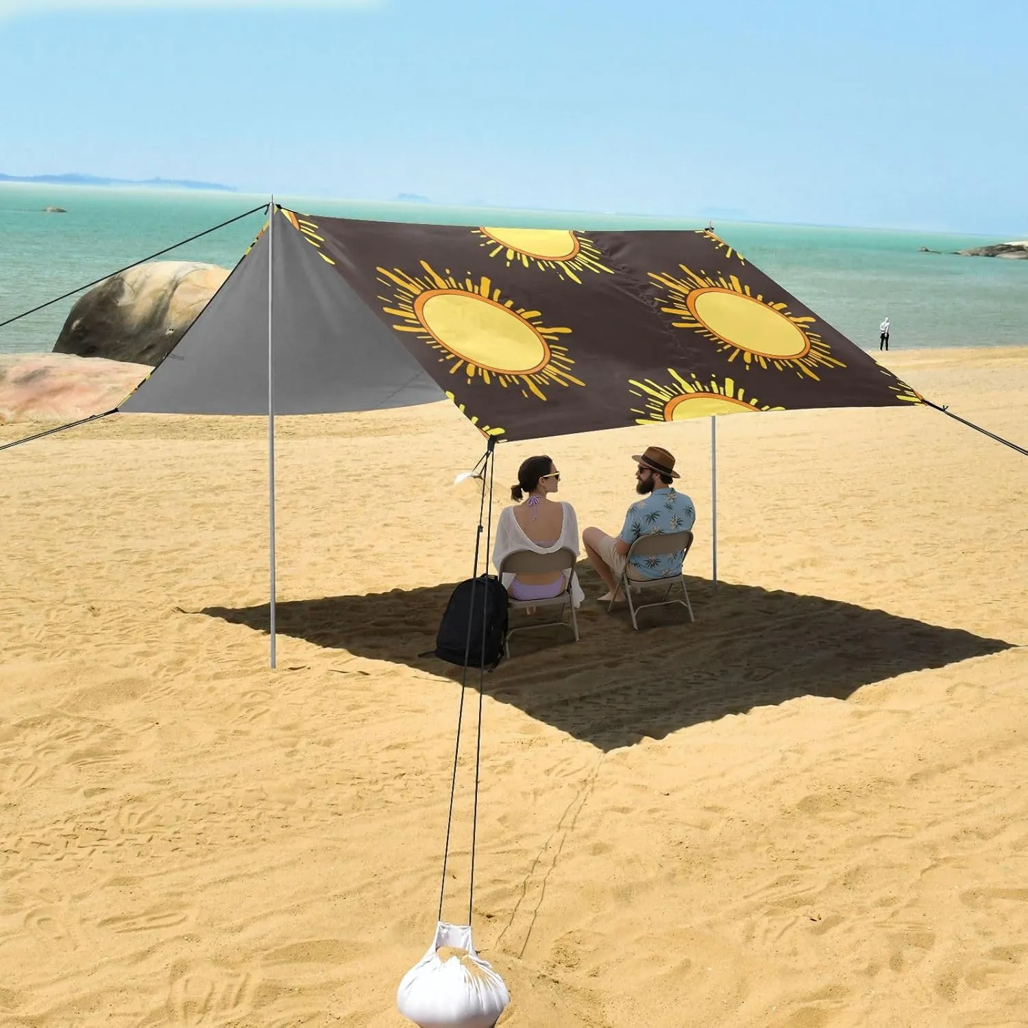 Beach Tent Canopy Outdoor Patio Sun Shade Large Camping Sun Shelter with Sand Anchor Poles Shelters 9.2 × 10.5 FT Bright Yellow Orange Sun Dark