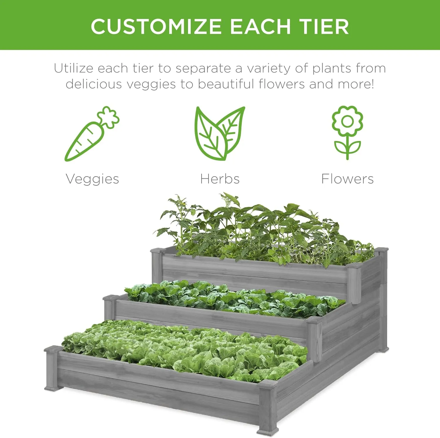 Best Choice Products 3-Tier Fir Wood Raised Garden Bed Planter Kit for Plants, Herbs, Vegetables, Outdoor Gardening w/Stackable & Flat Arrangement, Easy Assembly - Gray