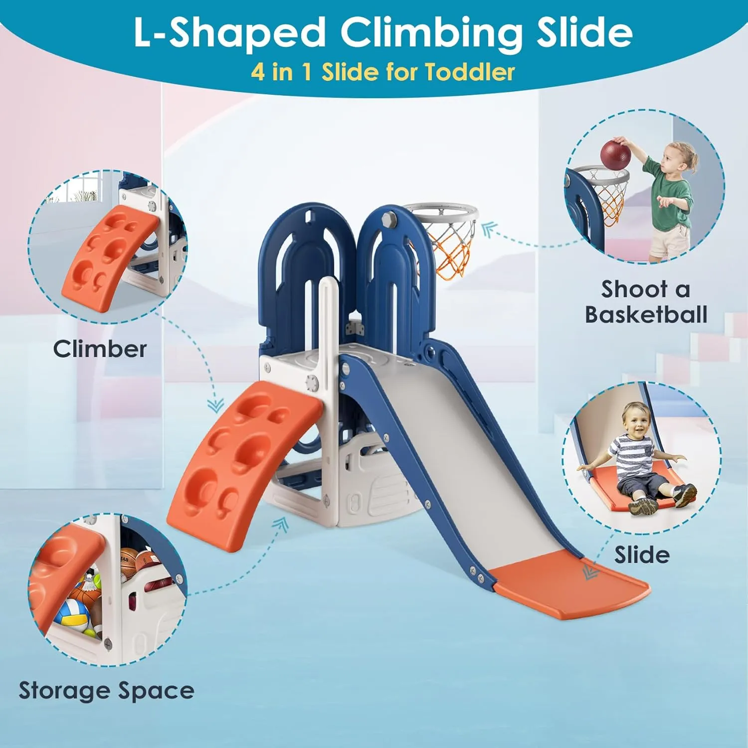 BIERUM 4 in 1 Toddler Slide, Climbing Theme Baby Slide for Toddlers Age 1-3 with Basketball Hoop and Ball, Slide for Kids, Indoor Outdoor Backyard Playground Blue Orange