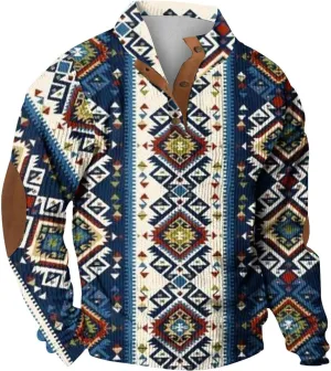 Big and Tall Tshirts Shirts for Men 2024 Western Aztec Ethnic Button Tees Casual Long Sleeve Lightweight Pullover