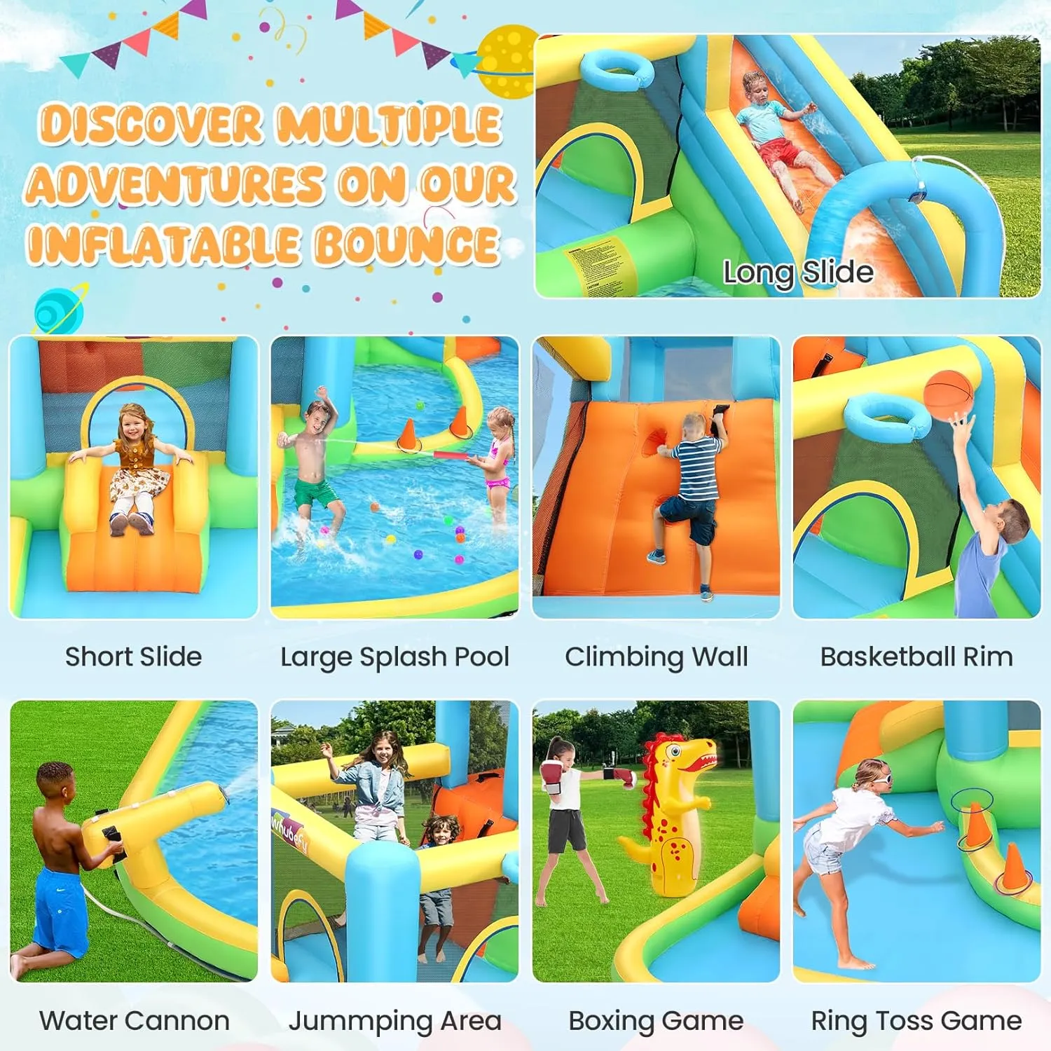 Big Water Slide for Kids 13-in-1 Waterslide Bounce House w/Blower, Inflatable Water Slides Park w/ 2 Slides & Pools, Jumping Area, Climbing Wall, Blow up Water Slides for Kids Backyard (Super Pool)
