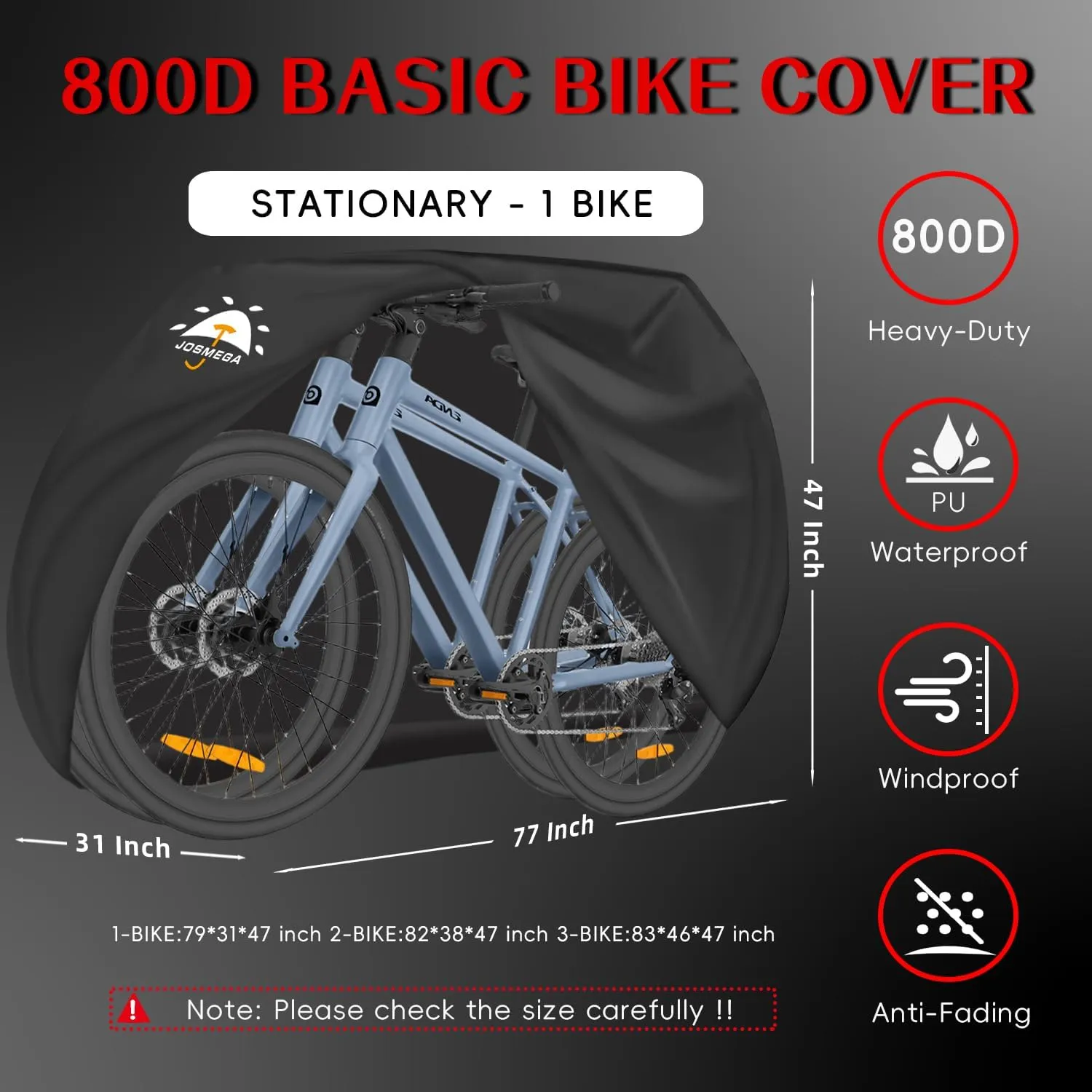 Bike Cover | 800D Heavy Duty Oxford | Double Needle Stitching | PU Waterproof | Back Seam Tape | Outdoor Windproof | Adjustable Webbing Buckle | Bottom Elastic Band | (Black, S - 1 Bike)