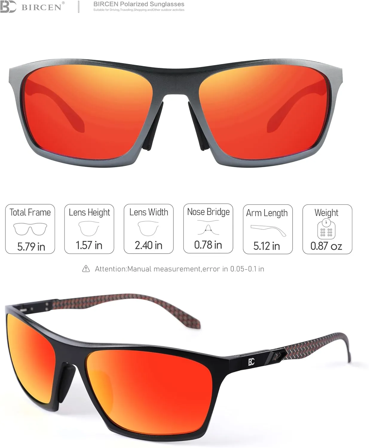 BIRCEN Men Sunglasses Polarized UV-Protection: Wrap Around Black Sport Shades for Mens Driving Fishing Golf