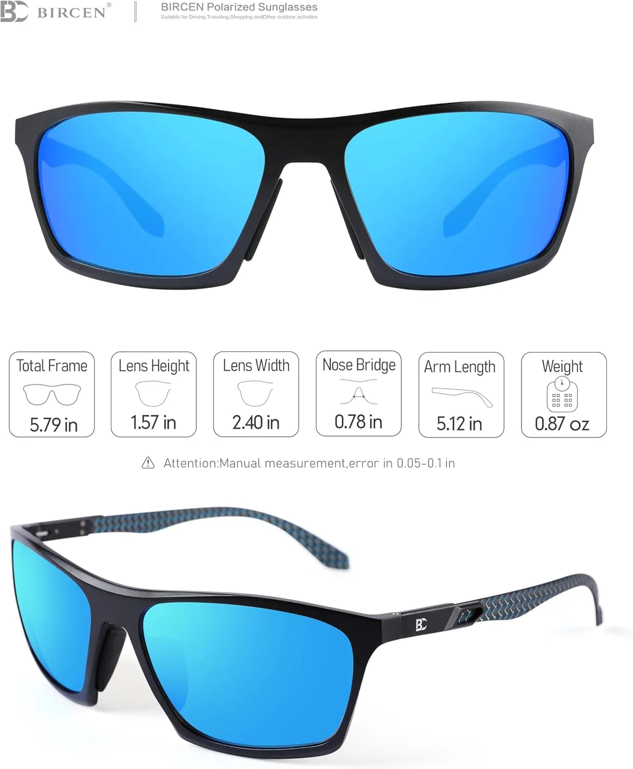 BIRCEN Men Sunglasses Polarized UV-Protection: Wrap Around Black Sport Shades for Mens Driving Fishing Golf