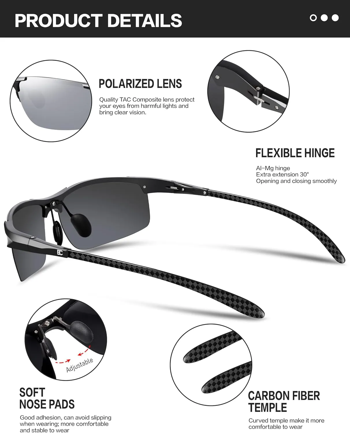 BIRCEN Polarized Carbon-Fiber Sunglasses for Men: Ultralight UV Protection Sun Glasses for Outdoor Sports Fishing Golf Hiking