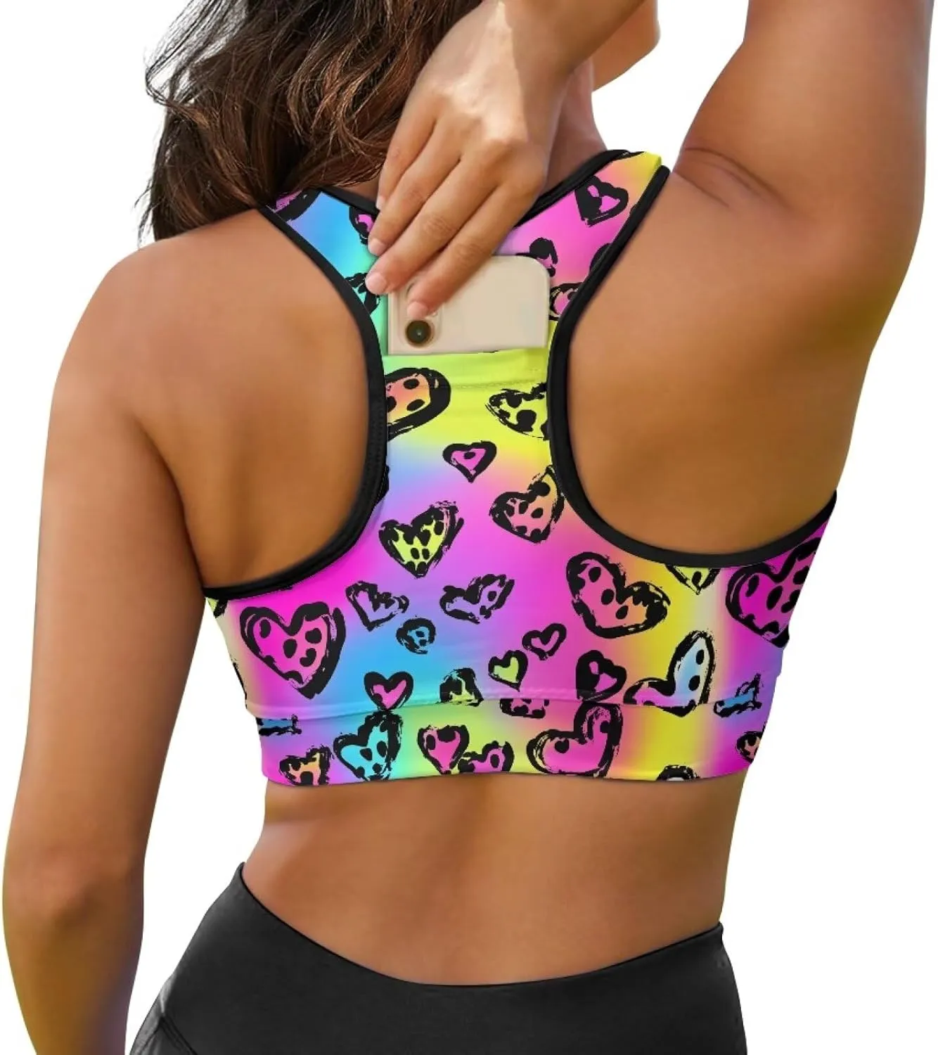 Black Sport Bra Top Back Pocket Racerback Running Bra for Workout Gym Activewear Yoga Sport Bras for Women,Black