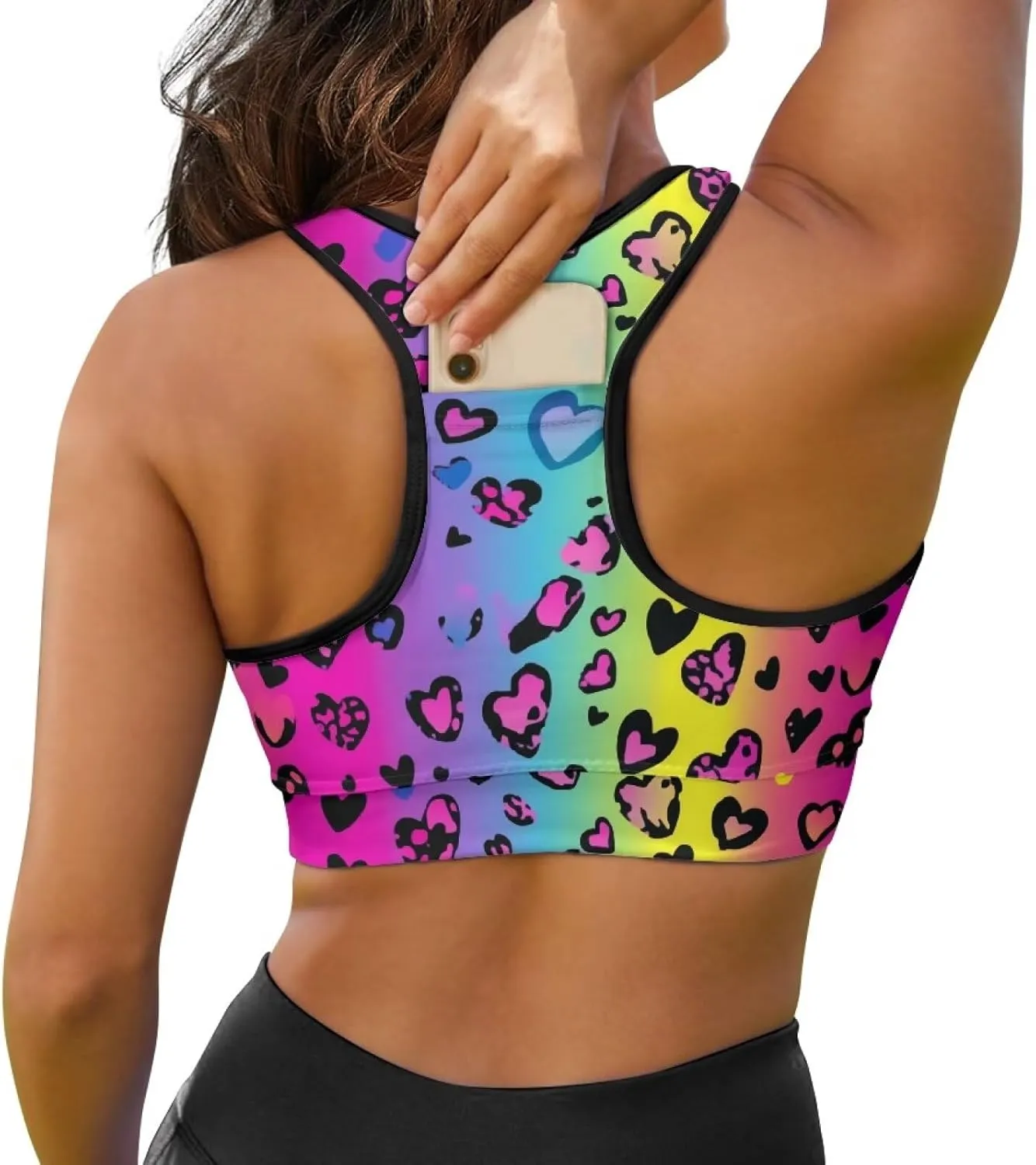 Black Sport Bra Top Back Pocket Racerback Running Bra for Workout Gym Activewear Yoga Sport Bras for Women,Black