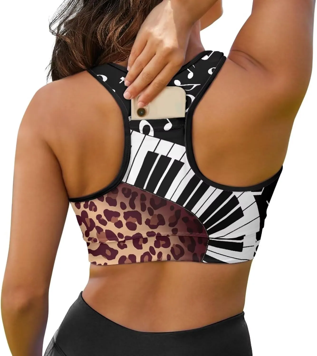 Black Sport Bra Top Back Pocket Racerback Running Bra for Workout Gym Activewear Yoga Sport Bras for Women,Black