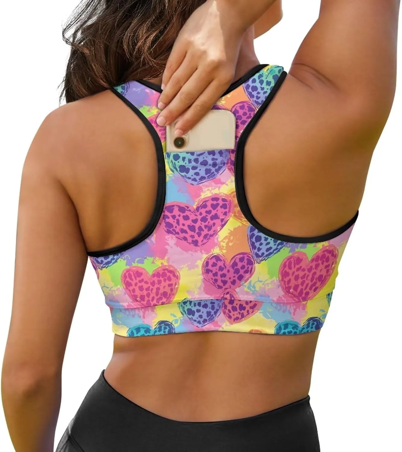 Black Sport Bra Top Back Pocket Racerback Running Bra for Workout Gym Activewear Yoga Sport Bras for Women,Black