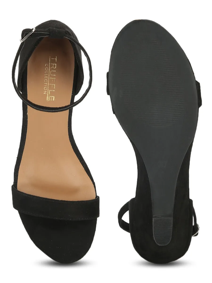 Black Suede Low Heel Wedges With Ankle Strap