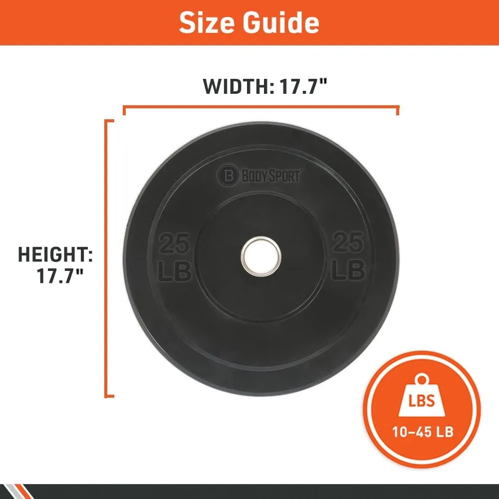 Body Sport 2” Rubber Olympic Bumper Plate Plate Set – Bumper Weight Plates – Set of Free Weights for Strength Training – Impact Absorbing Bumper Plates with Stainless Steel Insert