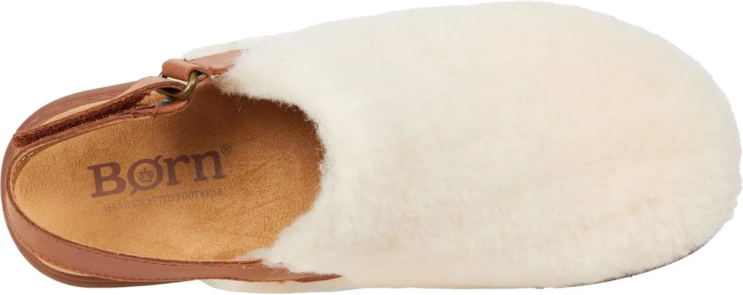 BORN Women's Beige Shearling Lined Wooden Clog Slippers