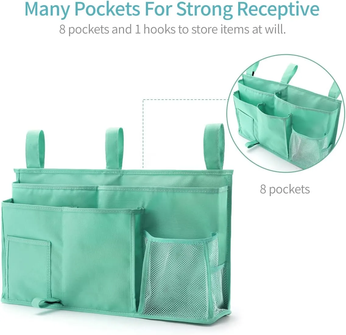 Bseash Bunk Bed Organizer, Bedside Caddy Hanging Bed Organizer Storage Bag 8 Pockets, for College Dorm Rooms Bed, Hospital Bed, Baby Bed Rails, 600D Oxford Cloth (Light Green)