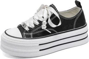 Canvas Platform Sneakers for Women Girls Embroidered Floral Walking Sneakers Low Top Casual Shoes