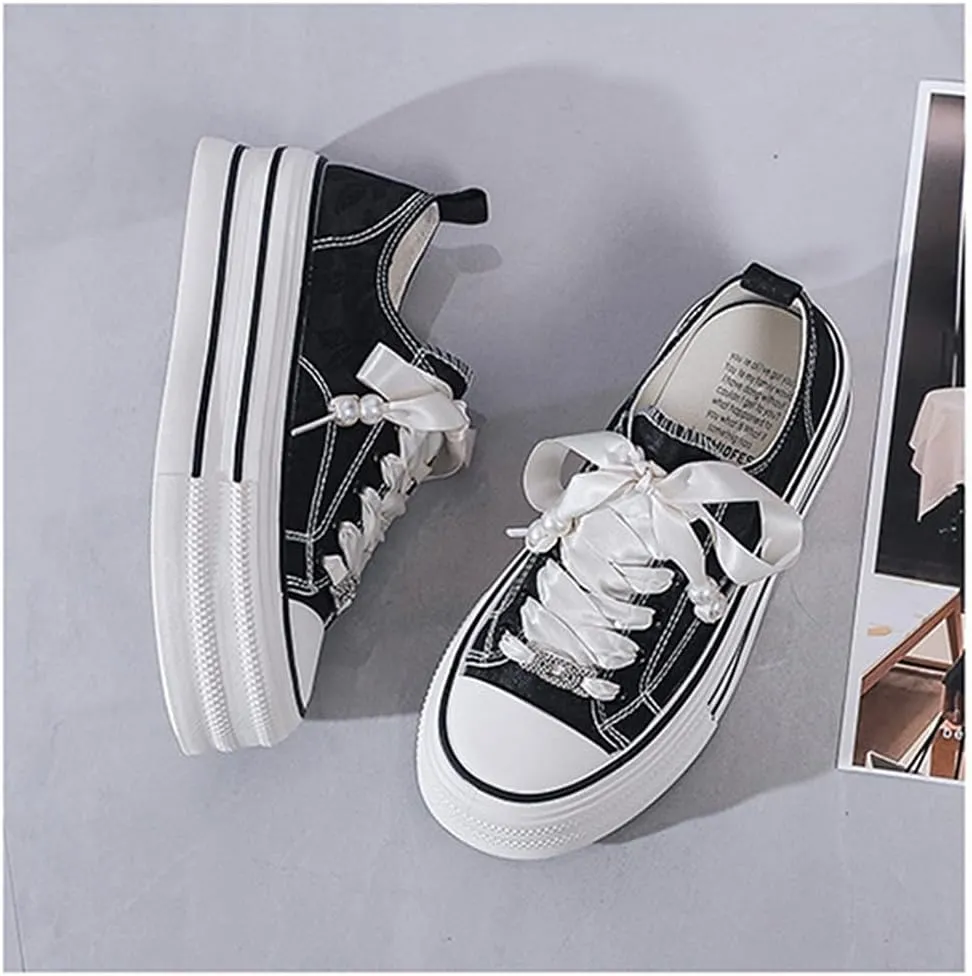 Canvas Platform Sneakers for Women Girls Embroidered Floral Walking Sneakers Low Top Casual Shoes