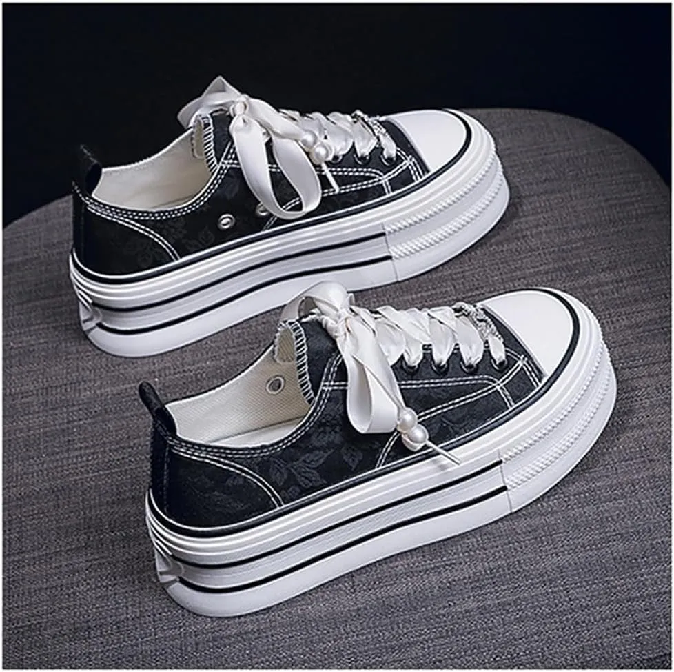 Canvas Platform Sneakers for Women Girls Embroidered Floral Walking Sneakers Low Top Casual Shoes