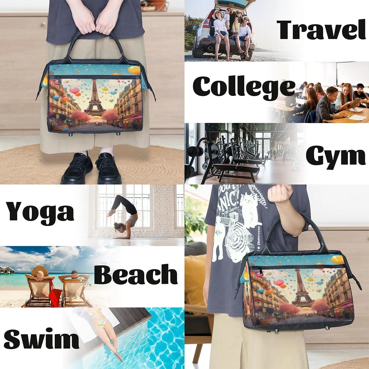 cfpolar Paris Stree Eiffel Tower Balloon Travel Duffel Bag, Waterproof Duffel Bag Weekender Overnight Carry On Bag Lightweight Sport Gym Bag for Men Women